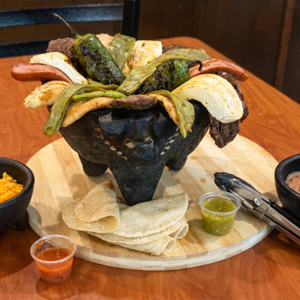 Mexican-style platter with grilled vegetables, sausages, tortillas, rice, beans, and salsas served on a wooden table.
