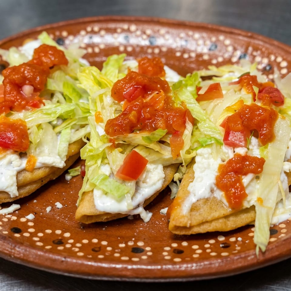 Three crispy folded tacos topped with lettuce, sour cream, diced tomato, and red salsa on a decorative clay plate.
