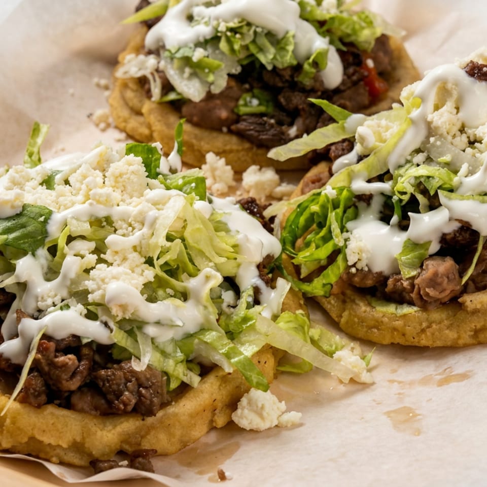 Three golden corn masa tostadas topped with seasoned beef, lettuce, crumbly cheese, and white crema on parchment-lined plate.