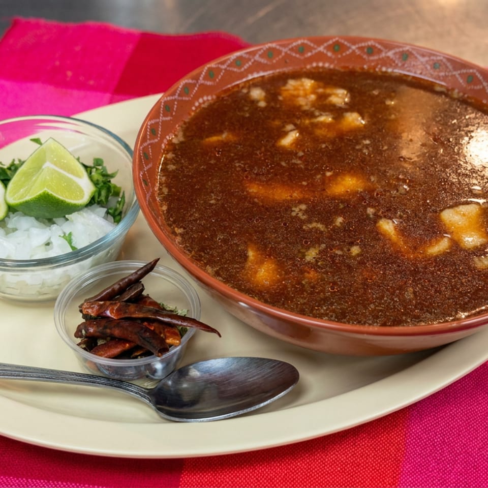 Bowl of dark Mexican soup with lime wedges, chopped cilantro, dried chilies, and spoon on a plate.